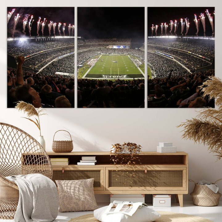 The living room features a spectacular Philadelphia Eagles Football Team Print. This wall art canvas print of Lincoln Financial Field at night captures a Philadelphia Eagles game under the dazzling brilliance of fireworks, making it an eye-catching centerpiece.