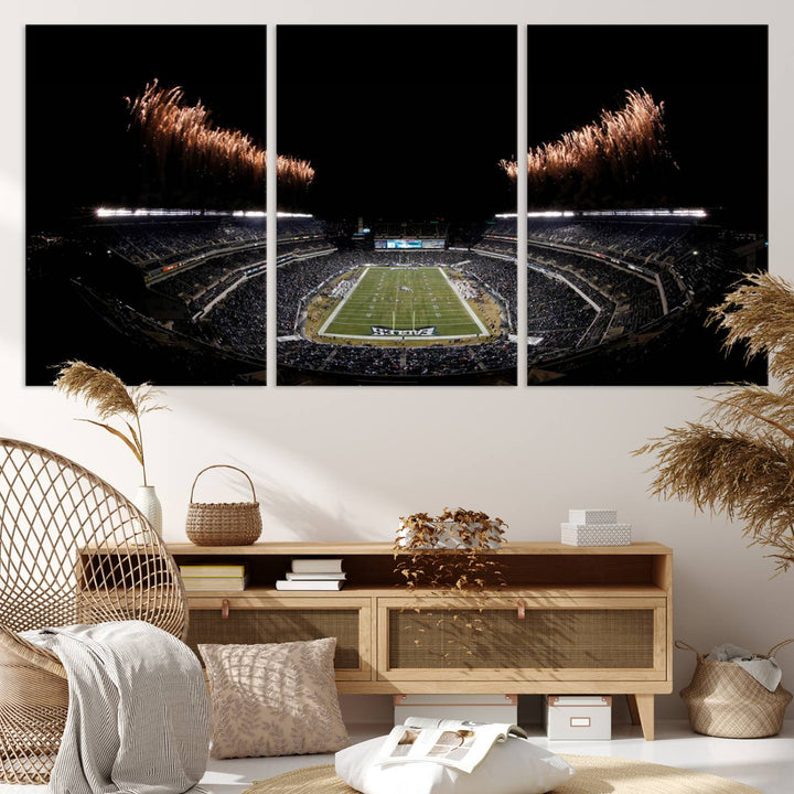 A stunning triptych wall art featuring the Philadelphia Eagles Football Team Print, capturing Lincoln Financial Field with spectacular fireworks.