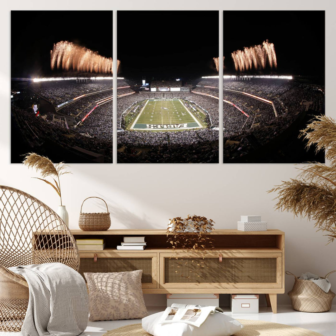 Experience the breathtaking Lincoln Financial Field Fireworks Game captured in this triple canvas wall art. A must-have for any Philadelphia Eagles fan!