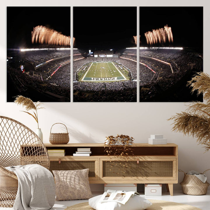 Experience the breathtaking Lincoln Financial Field Fireworks Game captured in this triple canvas wall art. A must-have for any Philadelphia Eagles fan!