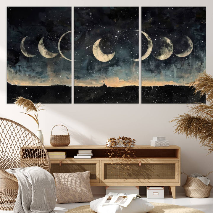 The "Phases of the Moon Wall Art," a framed canvas series capturing the celestial beauty of lunar cycles against a starry night, adds an elegant touch to the contemporary dining room.