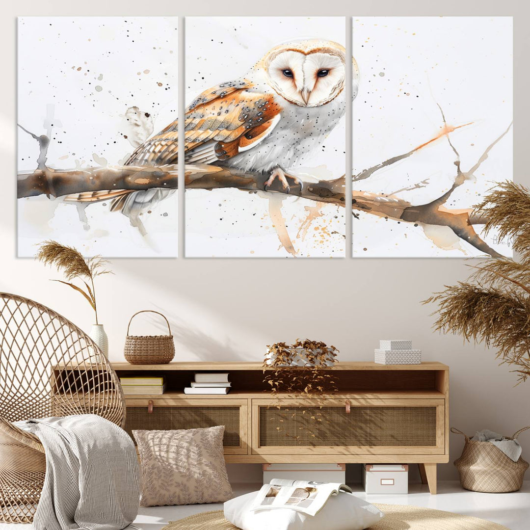 Introduce the tranquility of nature into your home with this stunning canvas print, featuring a Barn Owl on a branch. This triptych wall art, ready to hang and elegantly framed, is perfect for nature lovers seeking serene decor pieces.