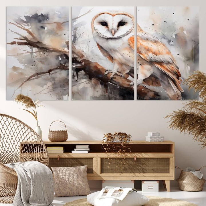 The Barn Owl Wall Art watercolor canvas adds a rustic twist to farmhouse decor.