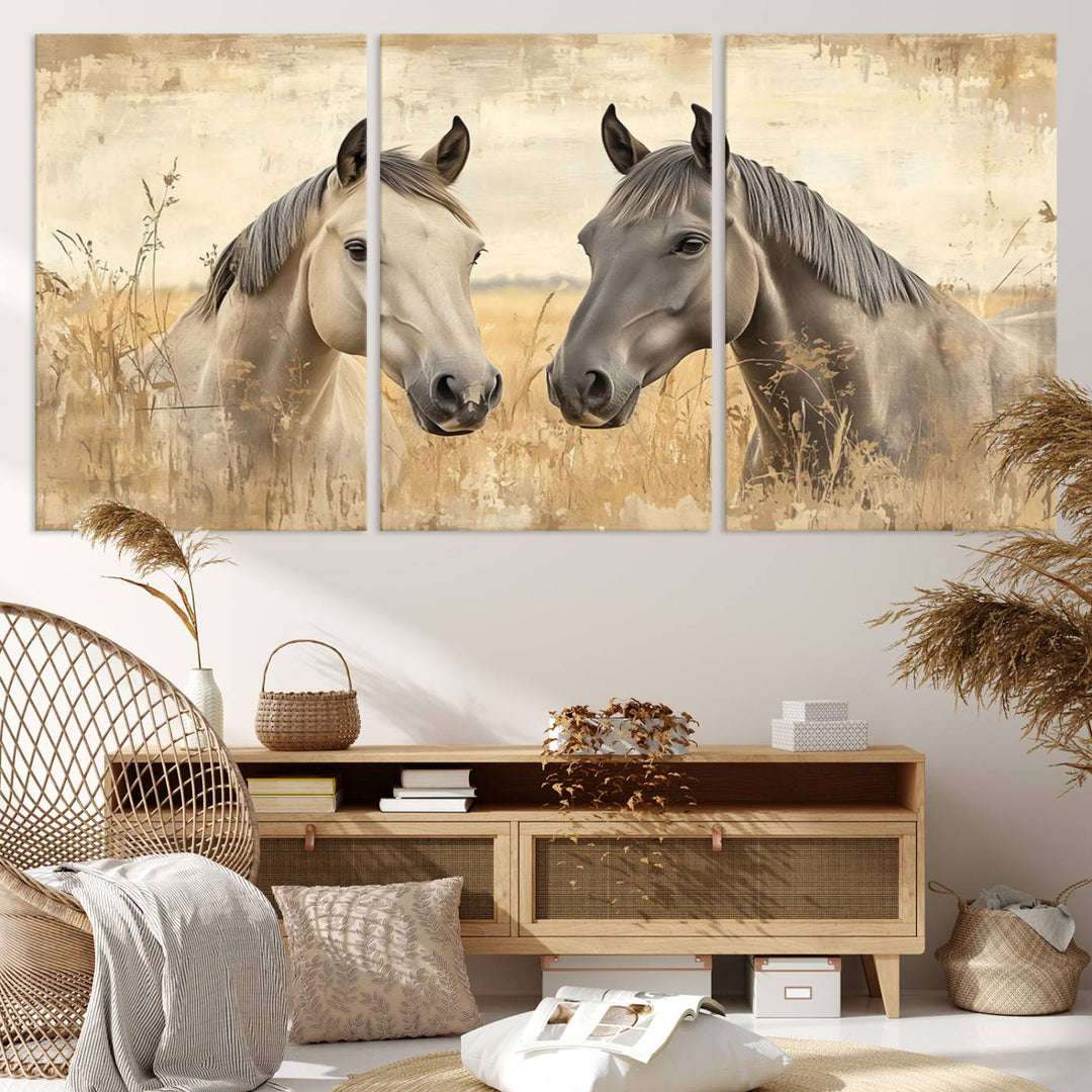 The "Chinese Ink Style Grunge Horses Wall Art Canvas Print," featuring two horses in a field, hangs prominently, highlighting its museum-quality canvas and high-resolution printing.