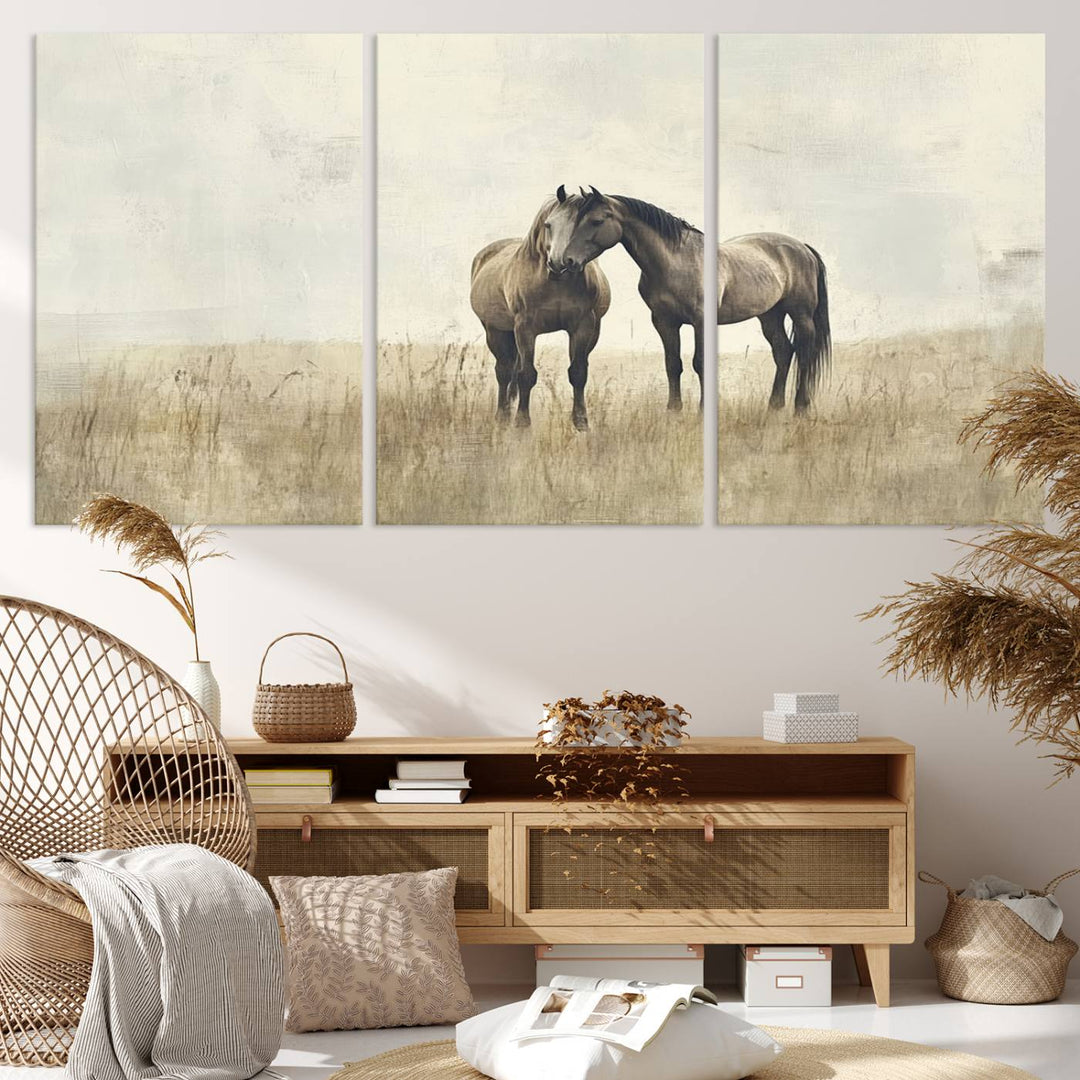 The Chinese Style Grunge Horses Wall Art Canvas Print, featuring a three-panel design of two horses in a misty field, is crafted on museum-quality canvas using high-resolution printing and hangs elegantly.