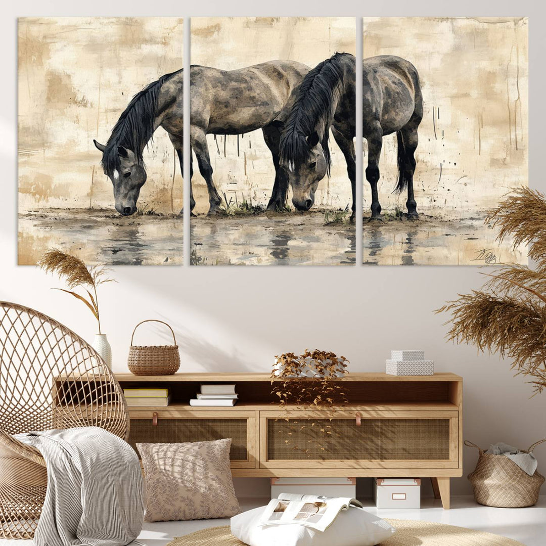 Chines Ink Style Black Horses Wall Art Canvas Print features a triptych painting of two horses drinking at the water's edge.