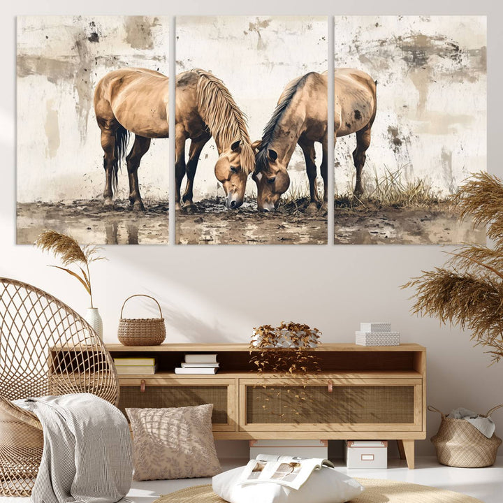 The Vintage Horses Wall Art, a ready-to-hang and framed triptych, beautifully captures two horses gracefully grazing. It perfectly complements the rustic charm of western farmhouse wall decor.