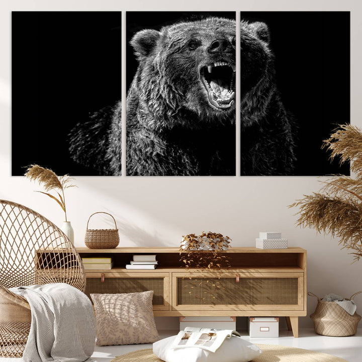 A striking Bear Canvas Print, perfect for cabin decor and ready to hang, is displayed in the modern living room, adding a touch of wildlife art to the sleek design.