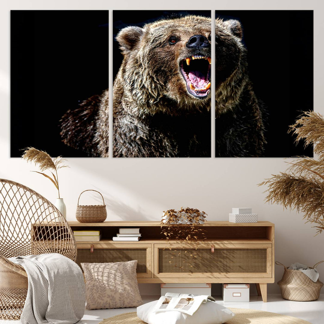 The Grizzly Bear Canvas Print, featuring wildlife wall art on a black background, is ready to hang and is perfect for rustic cabin decor.