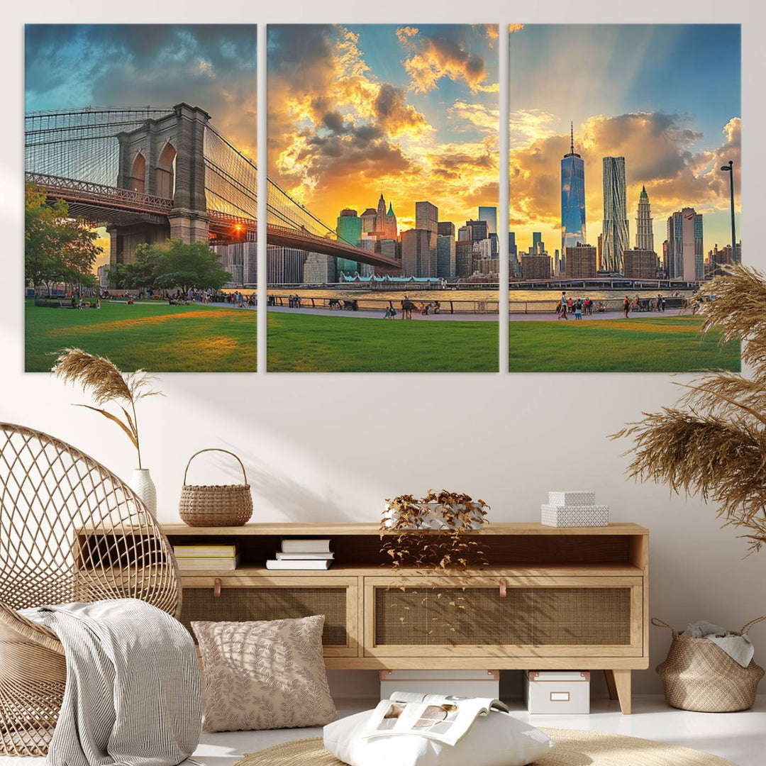 The "Brooklyn Bridge New York Skyline Wall Art" is a ready-to-hang framed canvas print that beautifully captures the cityscape at sunset, showcasing the iconic Brooklyn Bridge and majestic skyscrapers.