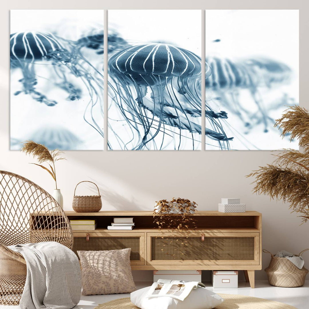 The Abstract Jellyfish Wall Art Canvas Print, a three-panel piece featuring high-resolution printing, hangs elegantly in the room, adding vibrant detail to the space.