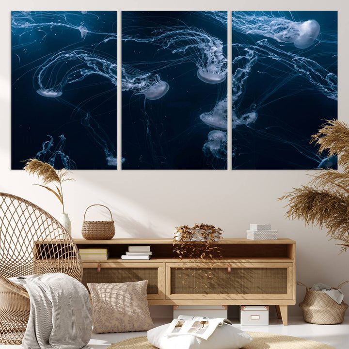 Room with modern decor, featuring the Abstract Jellyfish in Ocean Wall Art Canvas Print on museum-quality canvas.