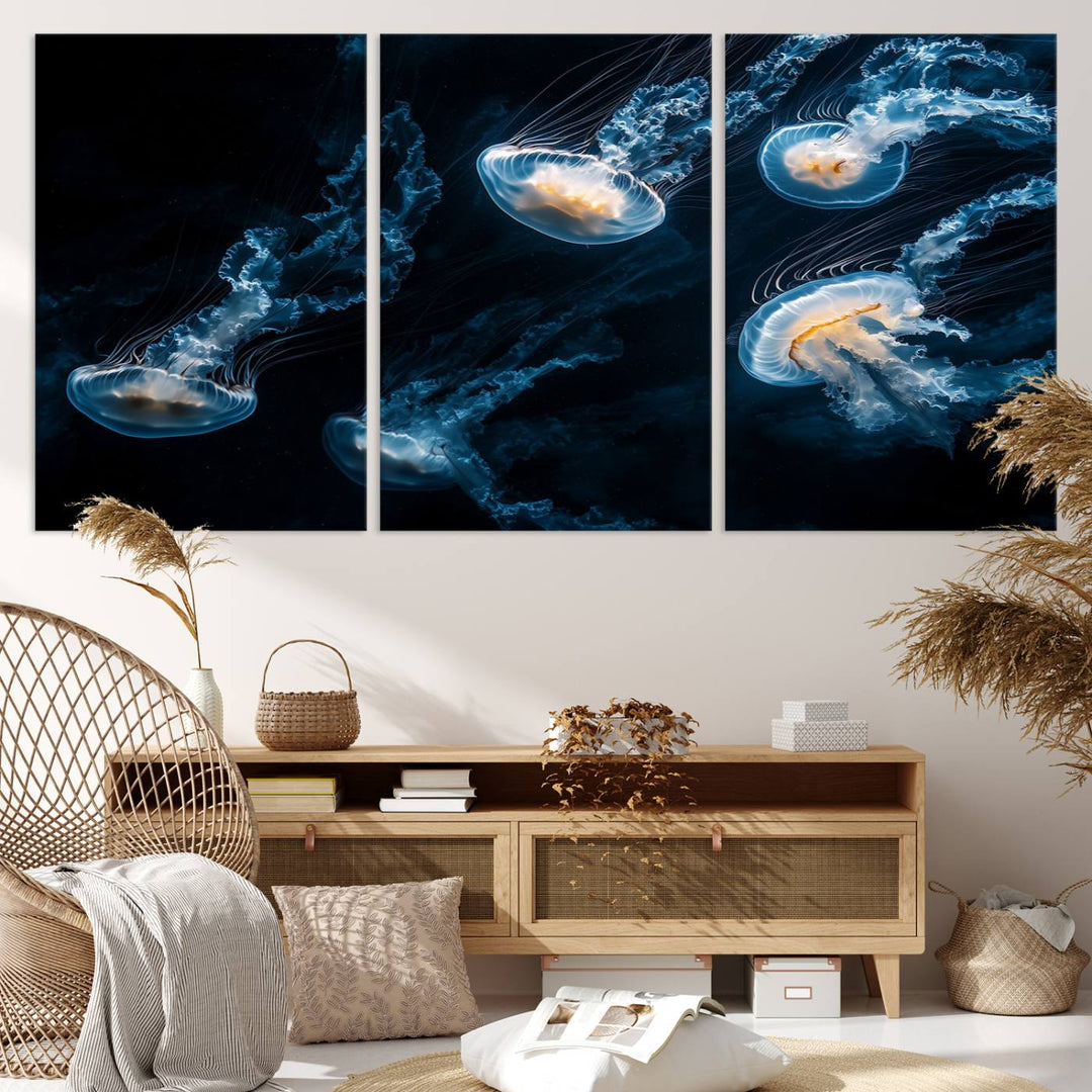 The "Jellyfish Wall Art Canvas Print," featuring a sea-themed design of glowing jellyfish, is displayed in high-resolution on museum-quality canvas.