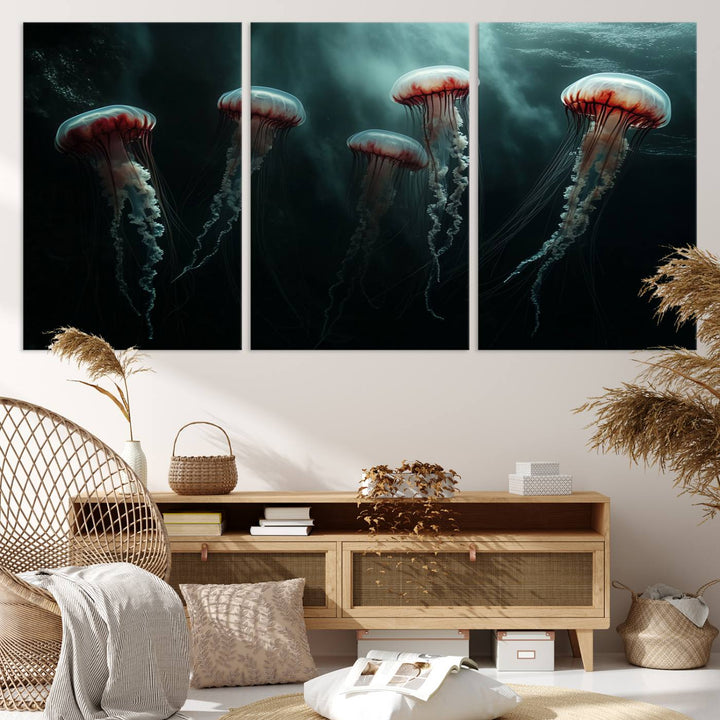 The Abstract Jellyfish Wall Art Canvas Print, framed in the USA and showcased on museum-quality canvas with high-resolution printing, adds a decorative touch to the space.