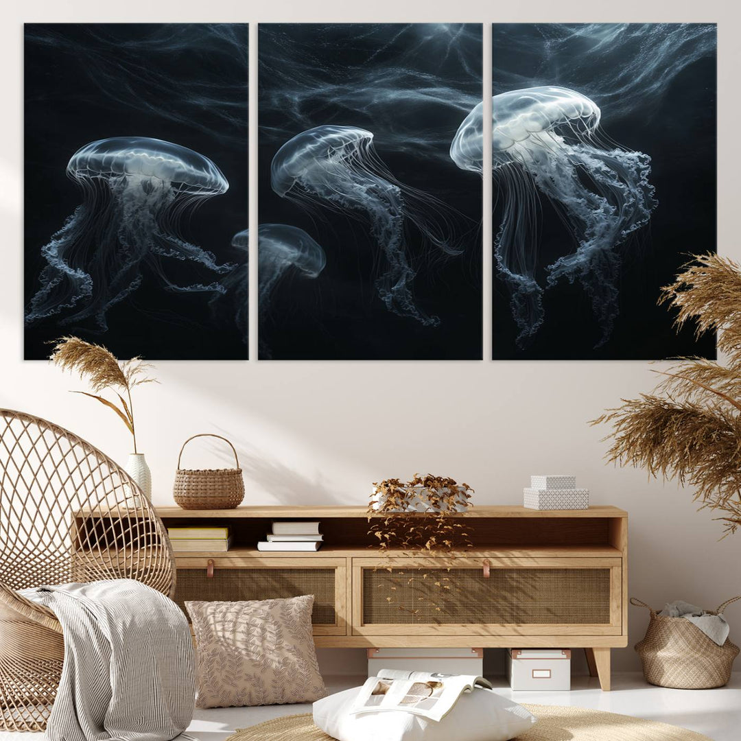 The Jellyfish Wall Art Canvas Print features glowing jellyfish in vibrant colors on museum-quality canvas.