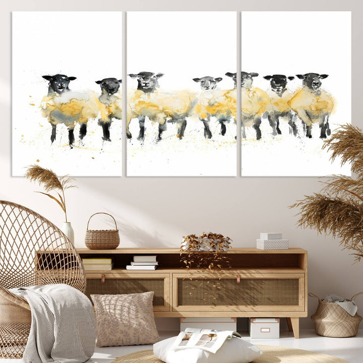 The Farmhouse Wall Art Sheep Print, ready to hang as a framed canvas, adorns the black wall, adding a hint of rustic barn decor.