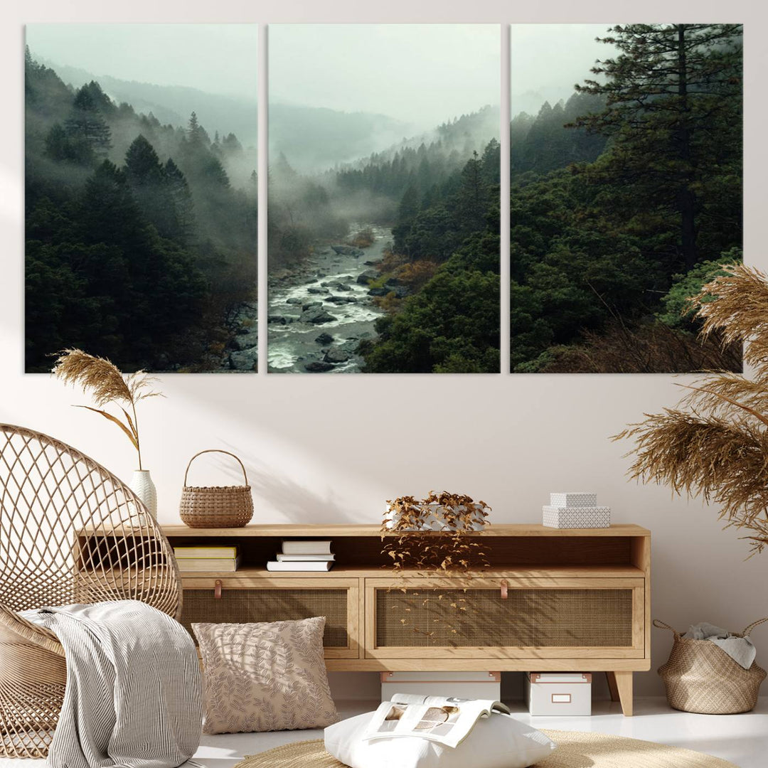 Misty Forest Wall Art | Ready to Hang and Framed | Tranquil Nature Landscape for Living Room or Cabin Wall Decor