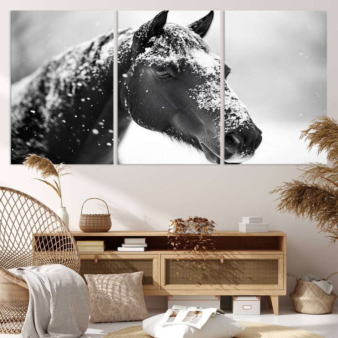 A set of Winter Horse Snow Wall Art Canvas Prints hangs, creating the perfect touch of Rustic Cabin Decor.