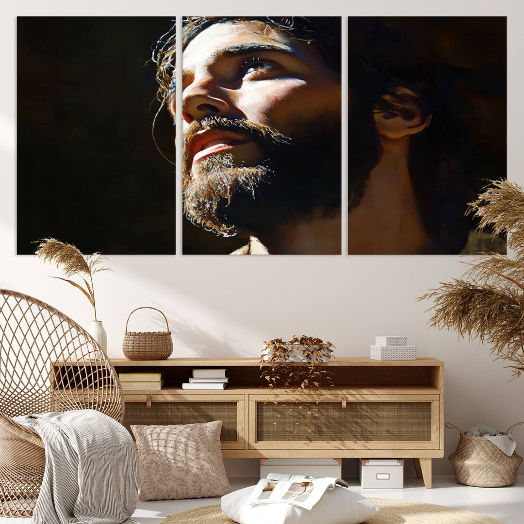 The Jesus Portrait Wall Art Canvas Print features a thoughtful depiction of Jesus Christ in an oil painting style, adding an inspirational religious touch to the decor.