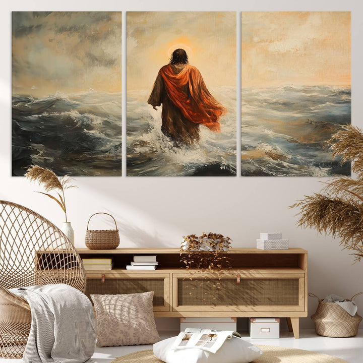 This triptych wall art, titled "Jesus Walking on Water," presents a figure in a red cloak crossing turbulent seas. It is perfect for those looking for religious home decor with a contemporary flair.