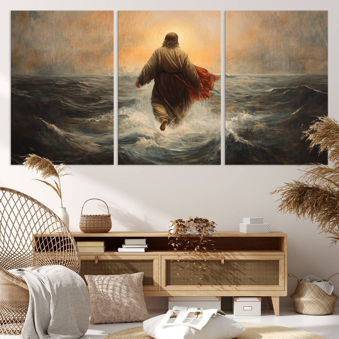 A modern living room is adorned with a triptych titled "Jesus Walking on Water, Christian Wall Art, Jesus Christ Walking on Oil Painting Style Print." The artwork, presented on museum-quality canvas, showcases vibrant colors and exquisite detail.