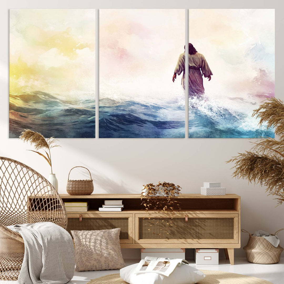 Watercolor Jesus Walking on Water Canvas Print, Christian Wall Art, Jesus Christ Walking