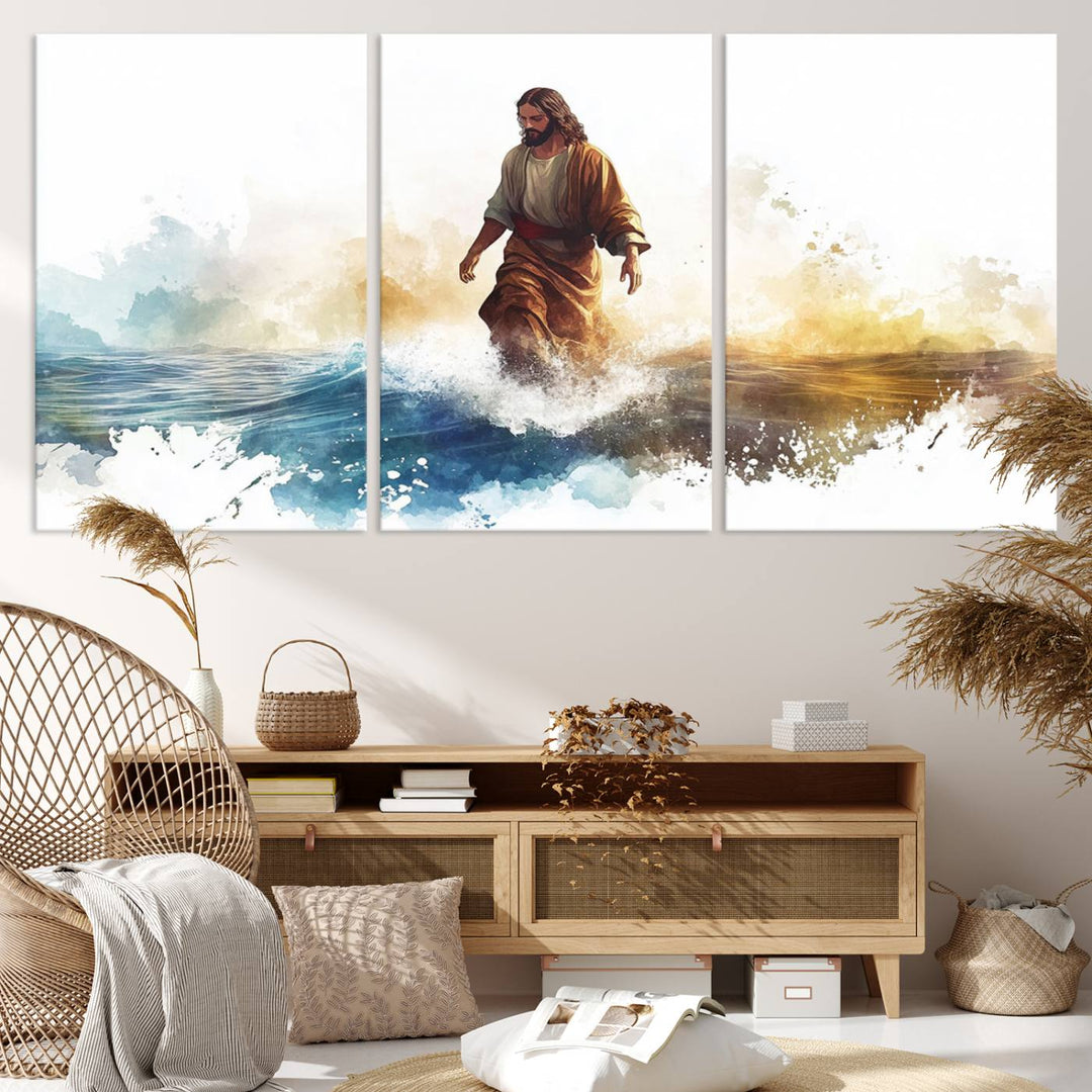 Watercolor Jesus Walking on Water Canvas Print, Christian Wall Art, Jesus Christ Walking