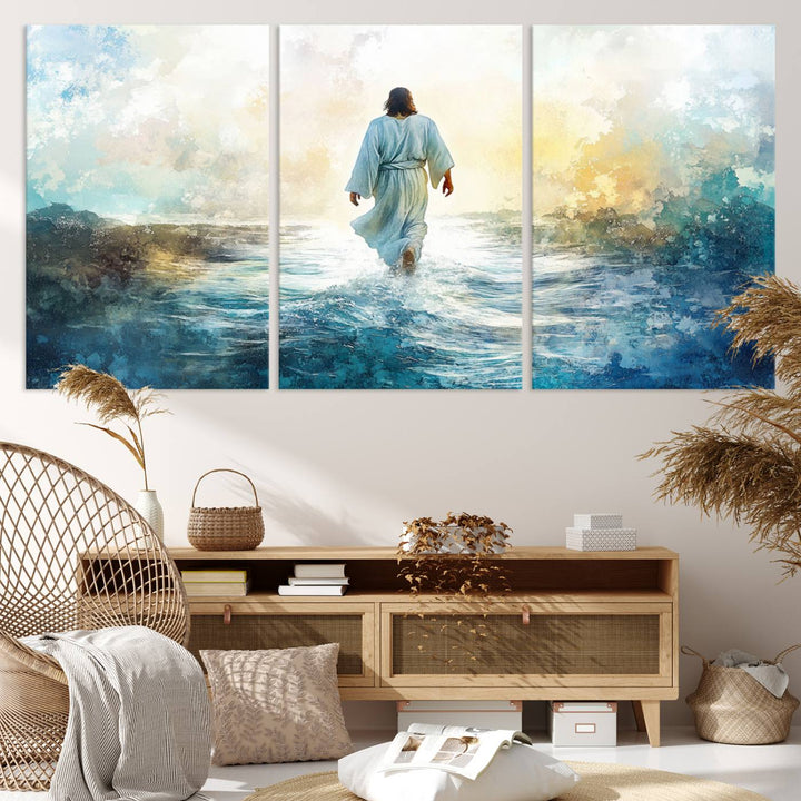 Watercolor Jesus Walking on Water Canvas Print, Christian Wall Art, Jesus Christ Walking