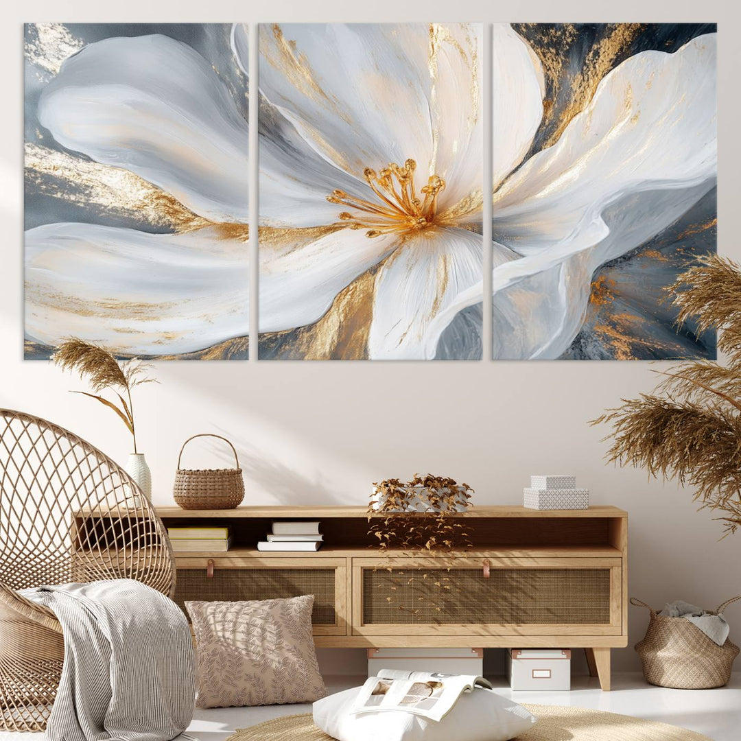 White and Gold Floral Canvas Wall Art - Framed and Ready to Hang - Perfect for Modern Living Rooms