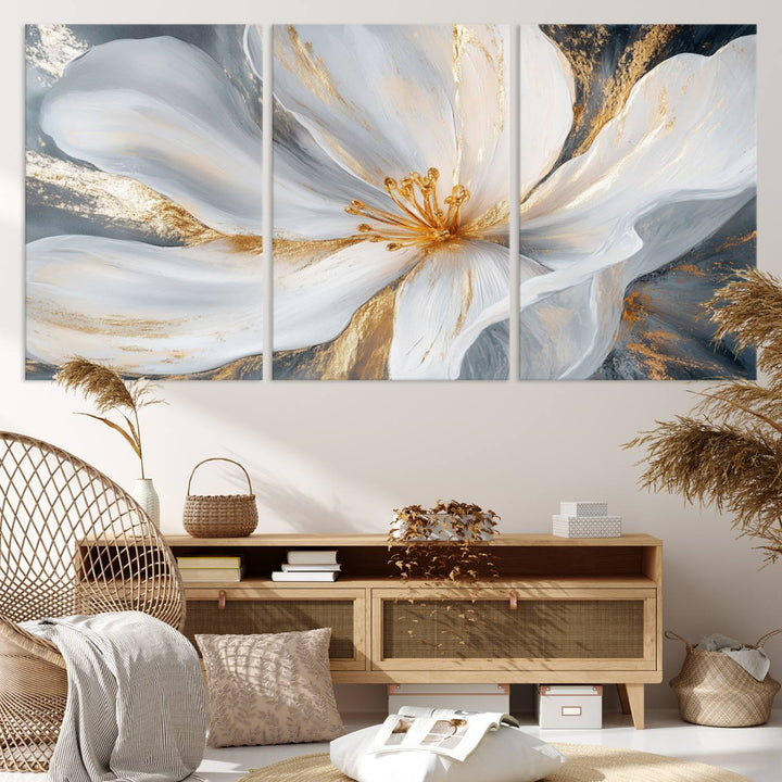 White and Gold Floral Canvas Wall Art - Framed and Ready to Hang - Perfect for Modern Living Rooms