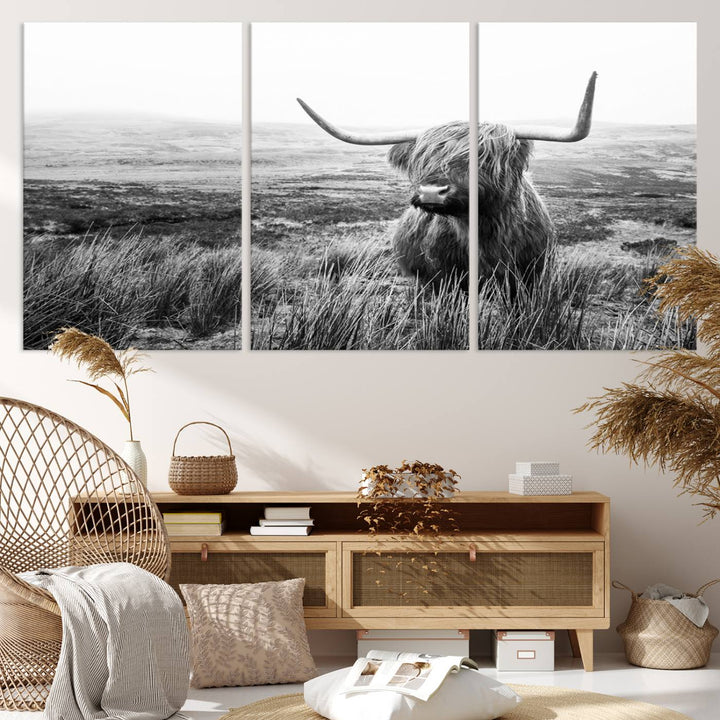 Scottish Highland Cow Wall Art | Black and White Canvas Print | Ready to Hang and Framed | Rustic Farmhouse Wall Decor for Living Room or Office