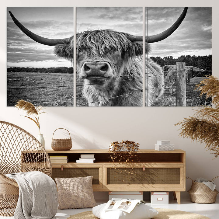 Scottish Highland Cow Wall Art Canvas Print | Ready to Hang and Framed | Rustic Farmhouse Decor