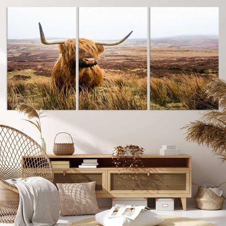 Scottish Highland Cow Wall Art Canvas Print | Ready to Hang and Framed | Rustic Farmhouse Decor for Living Room or Cabin