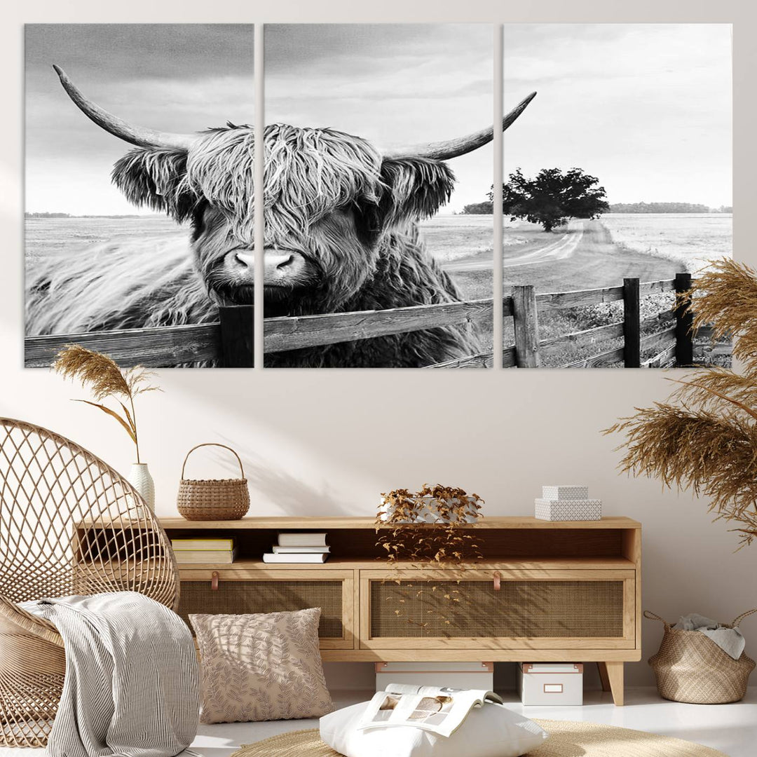 Scottish Highland Cow Wall Art | Rustic Farmhouse Décor | Black and White Ready to Hang Canvas Print