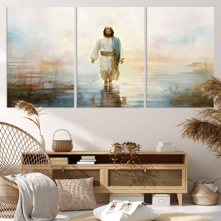 Framed Jesus Walking on Water Wall Art - 3-Panel Christian Canvas Prints, Religious Artwork, Ready to Hang Home Decor for Living Room, Office, or Church