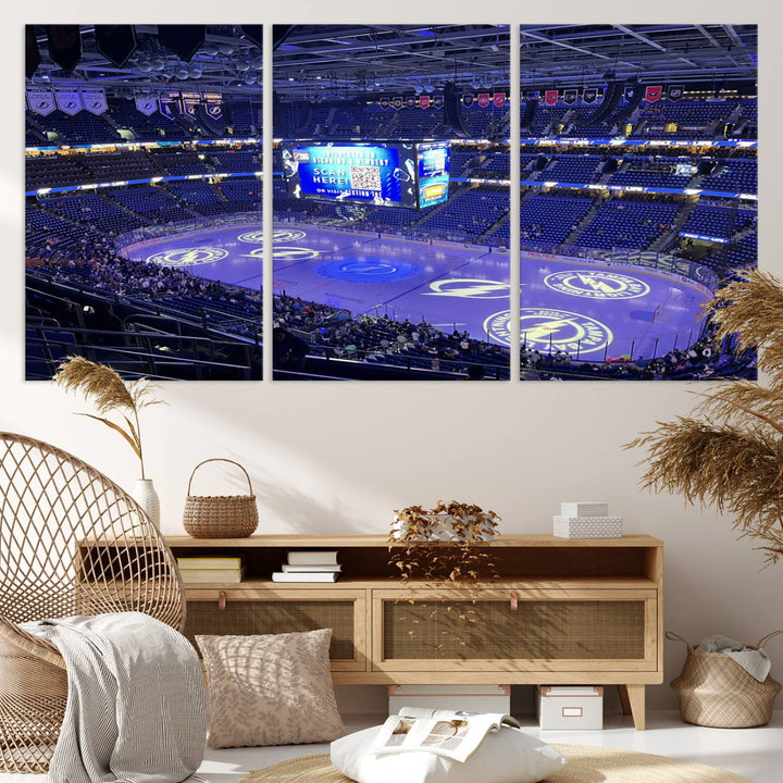 The wall art canvas print at Amalie Arena features team logos on ice, encapsulating the vibrant atmosphere of an NHL hockey stadium.