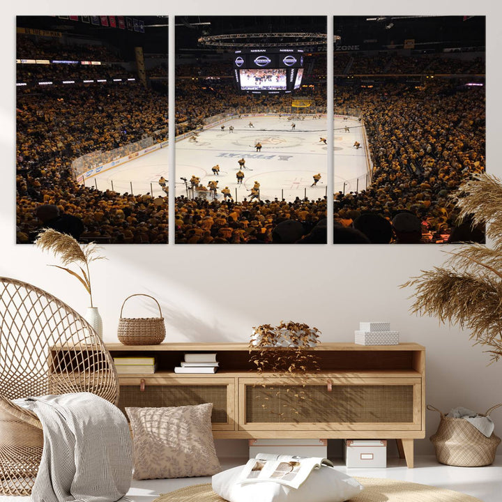 A captivating triptych canvas print, titled "Bridgestone Arena - Nashville Predators Hockey Team Print," adorns the wall. This Nashville wall art canvas print is perfect for Predators fans who appreciate sports-themed decor.