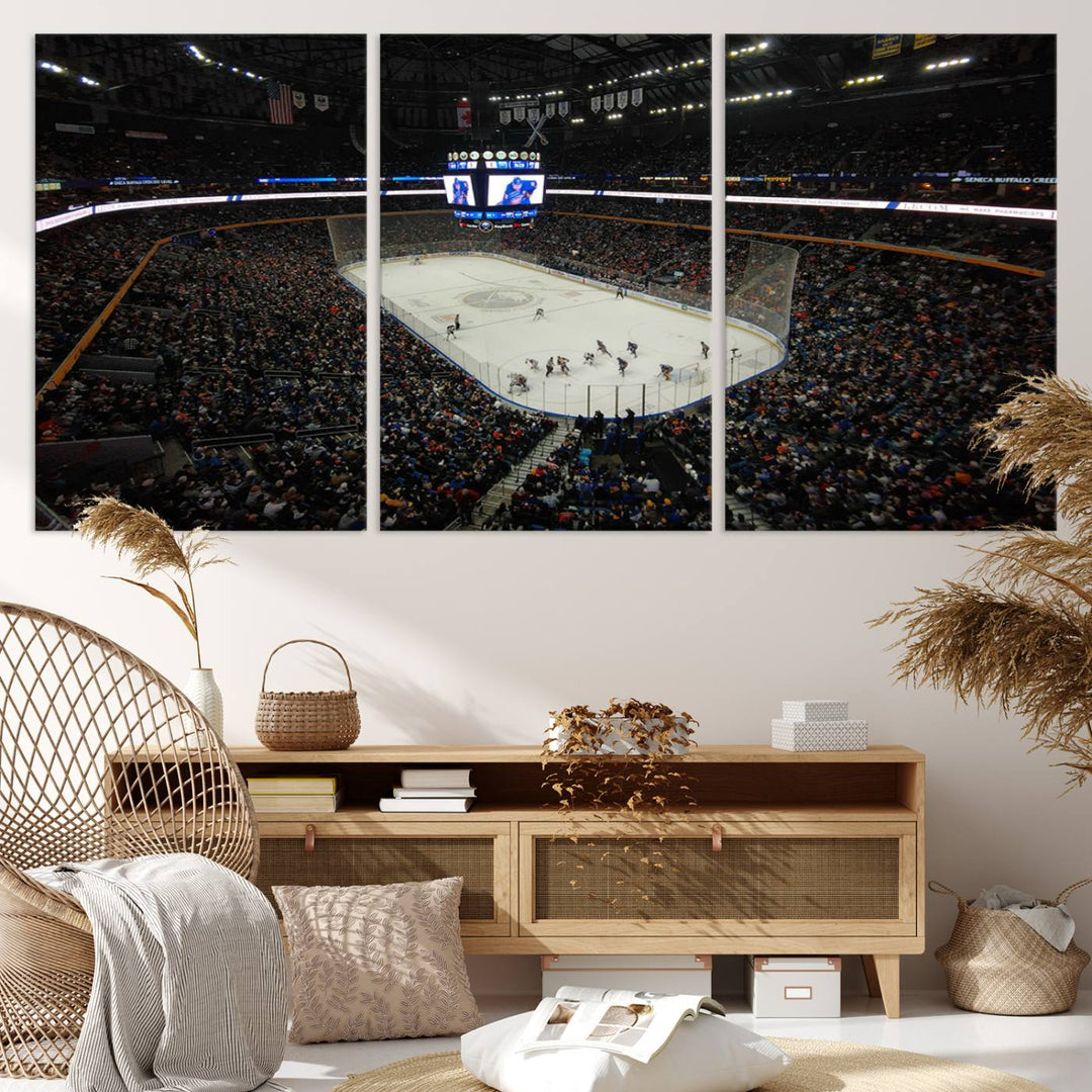 The nautical-themed room is enhanced by the KeyBank Center New York Buffalo Sabres Hockey Stadium Wall Art Canvas Print, a three-panel depiction of a bustling hockey arena with a gallery-quality finish. This canvas artwork, handmade in the USA, introduces an element of sporting elegance to your decor.