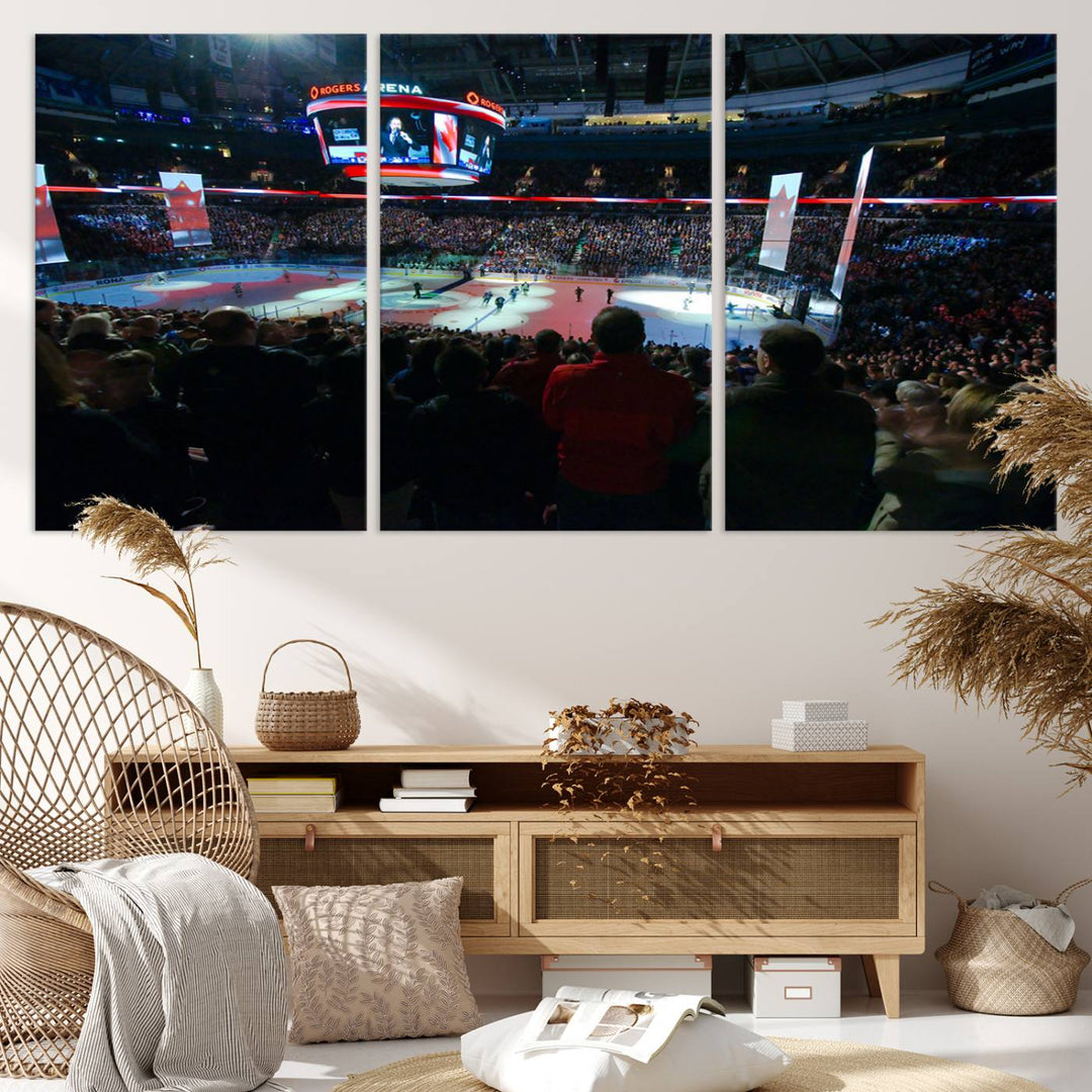 Experience the intense atmosphere of a full-capacity ice hockey game at Rogers Arena, home of the Vancouver Canucks, captured on museum-quality canvas.