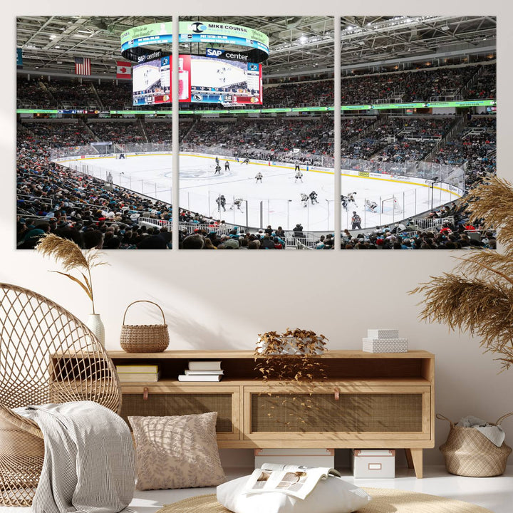 A packed ice hockey arena buzzes with energy as players glide on the ice and a large screen displays scores. The indoor decor features Sharks Arena Blackhawks Sharks Ice Hockey Stadium Wall Art Canvas Prints, creating an unexpected yet charming sporting atmosphere reminiscent of a gallery.