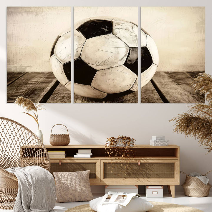 Vintage Soccer Ball Triptych Canvas Art – 3-Panel Soccer Wall Decor, Framed and Ready to Hang Sports Art for Home, Office, or Gym