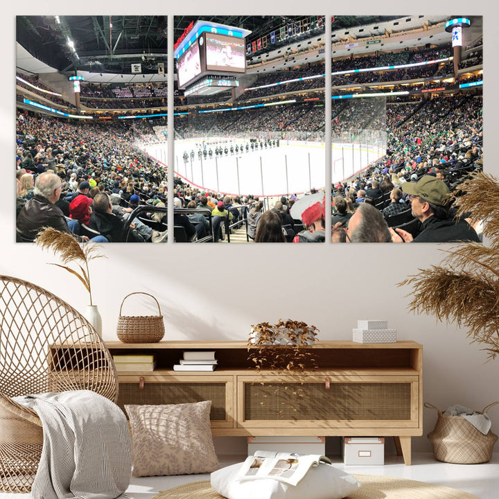 The Xcel Energy Center St Paul Minnesota Wild Ice Hockey Stadium Wall Art Canvas Print captures a packed hockey arena with spectators watching players on the ice. It is elegantly preserved on museum-quality canvas with vibrant details protected by a UV-protective coating.