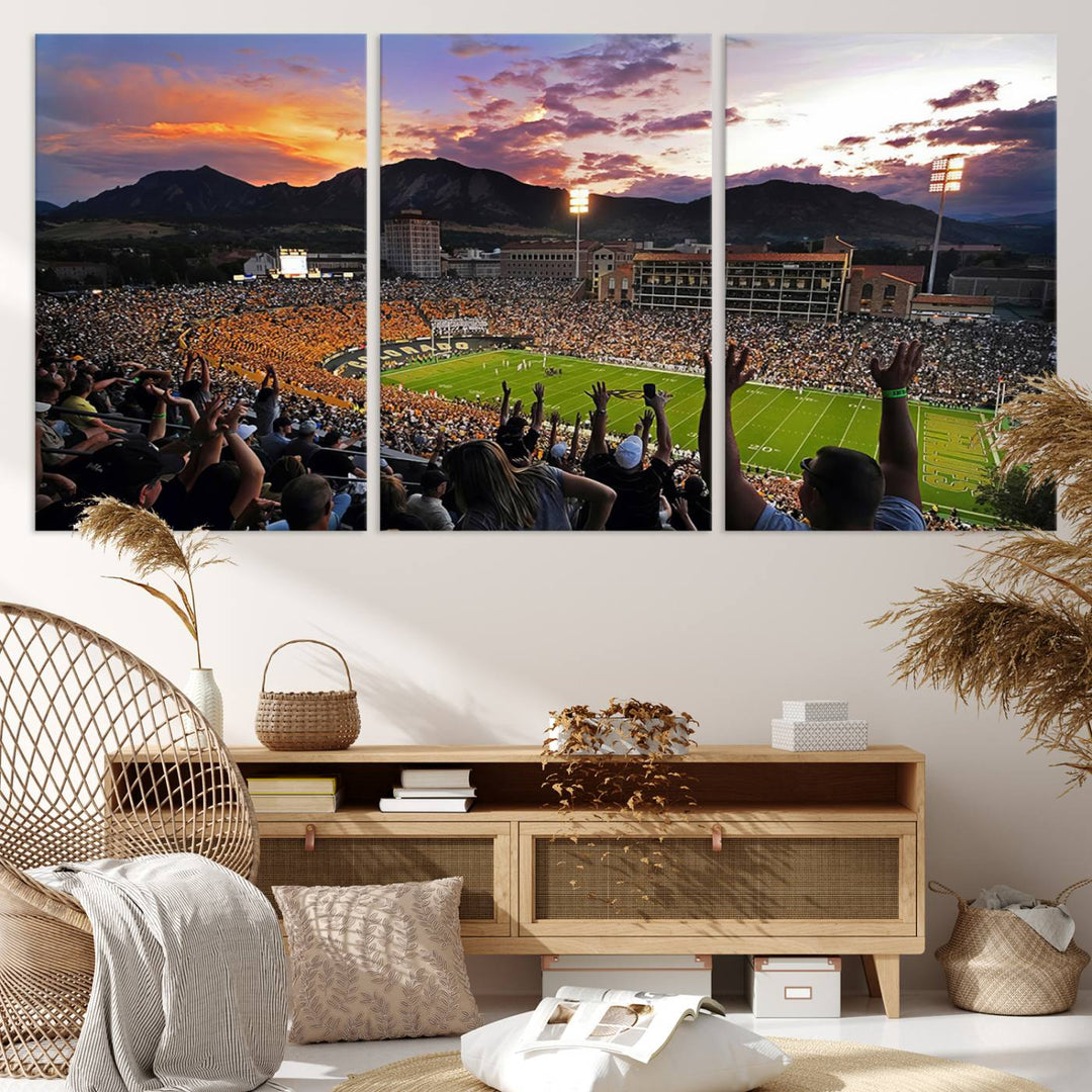 The Folsom Field Stadium Print beautifully captures the Colorado Buffaloes stadium at sunset, set against a stunning mountain backdrop.