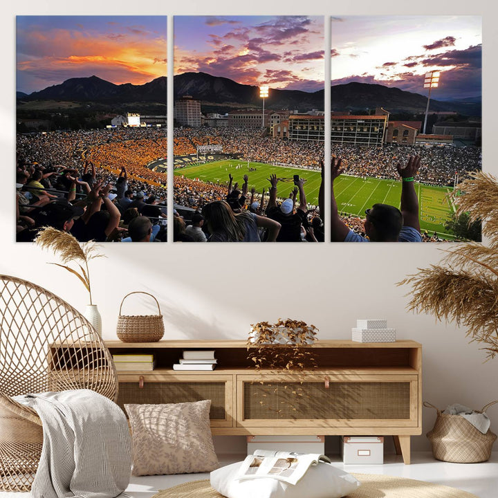 The Folsom Field Stadium Print beautifully captures the Colorado Buffaloes stadium at sunset, set against a stunning mountain backdrop.