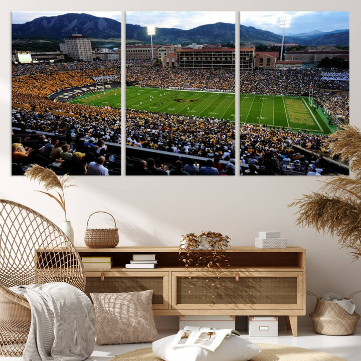 A canvas print captures the Colorado Buffaloes at Folsom Field, framed by mountains in the background.
