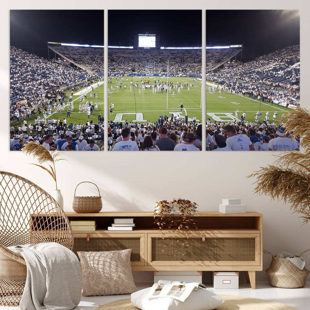 The wall art is a premium canvas of LaVell Edwards Stadium, offering a gallery-quality finish that showcases BYU Cougars pride.