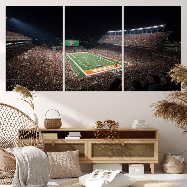 A football game at a packed stadium is captured on the University of Texas Longhorns Stadium Canvas Print.