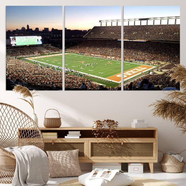 The Evening Game canvas art captures a glowing sunset and skyline at Texas Longhorns Darrell K Royal Stadium.
