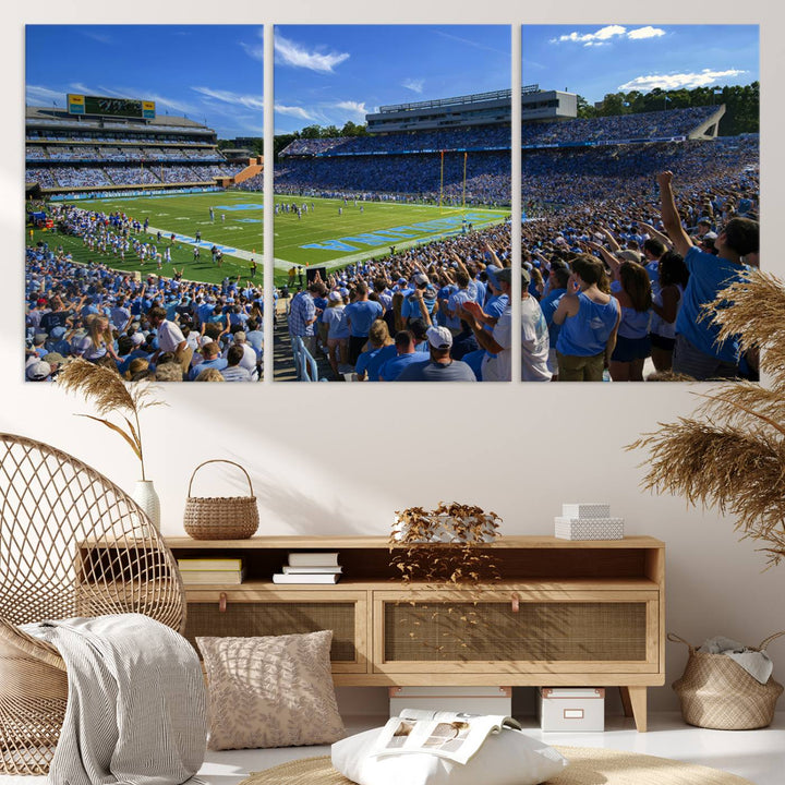 A gallery-quality canvas wall art print featuring the University of North Carolina Tar Heels Football Team and Chapel Hill's Kenan Memorial Stadium adorns the cafe wall.