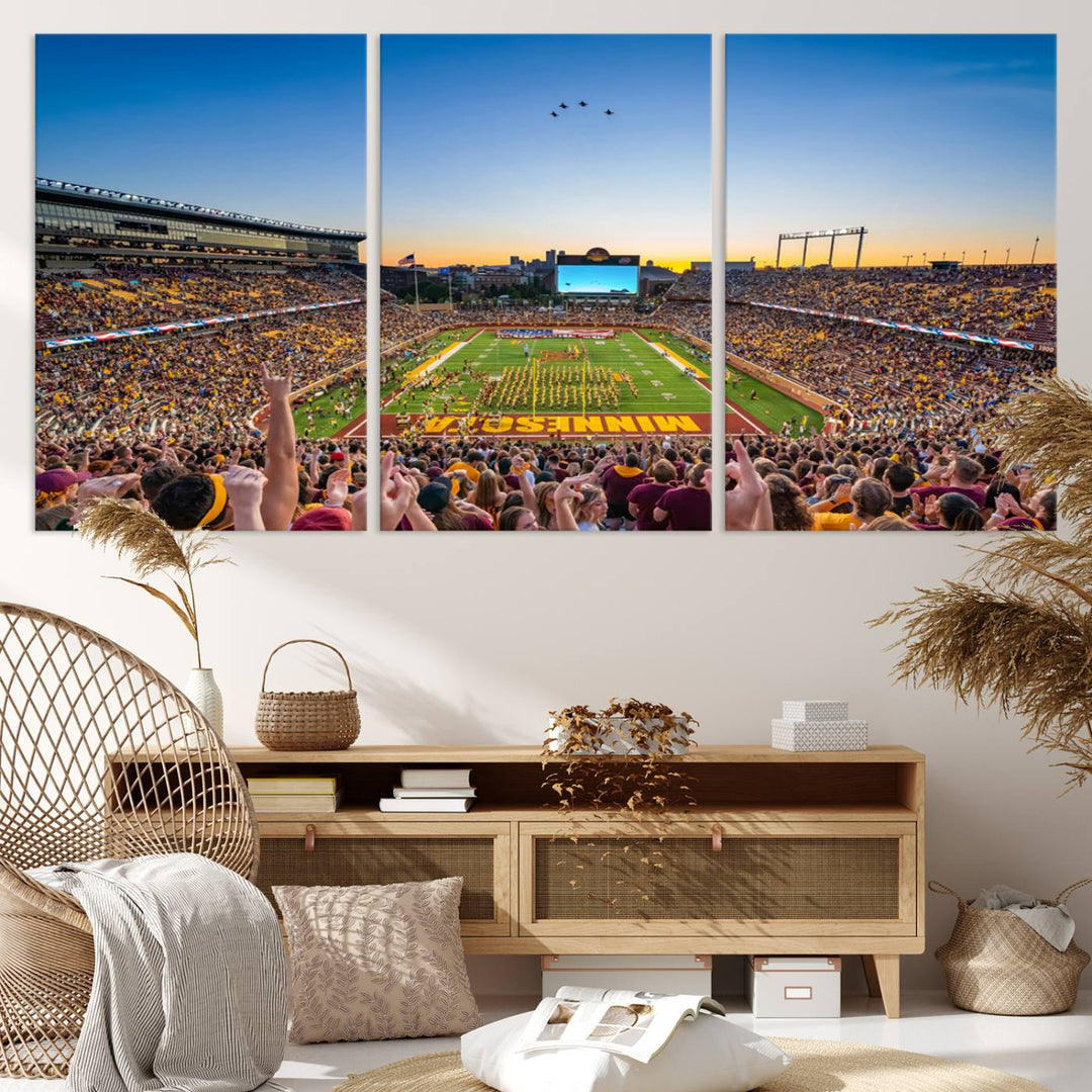 Canvas wall art featuring the University of Minnesota Football Team print, showcasing Huntington Bank Stadium at sunset with jets overhead.